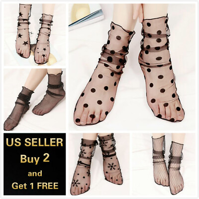 #ad Women Fishnet Mesh Lace Ruffle Socks Sheer Silky Glitter Short Ankle Stockings $3.99