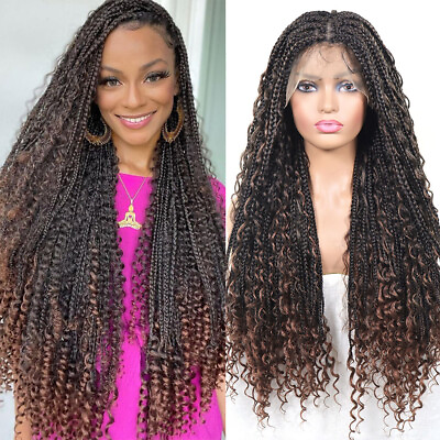 #ad 36Inch Brown Boho Box Braided Wigs Synthetic Knotless Braid Lace Front Wig Women $62.12