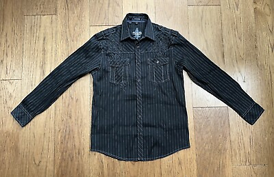 #ad ROAR Buckle Mens Button Shirt M Black Striped Embroidered Stretch Long Sleeve $22.99