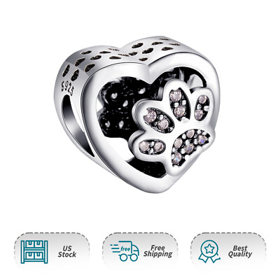 #ad Authentic Heart shaped Paw Print Charm 925 Sterling Silver Women Bracelet Charm $17.98