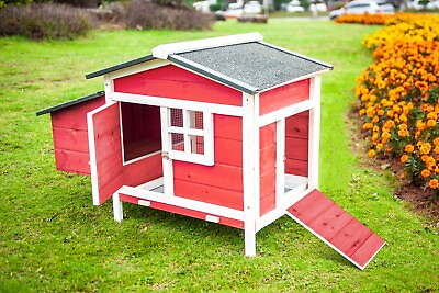 #ad 43#x27;#x27; Chicken Coop Pet Hen House Wooden W Ramp Nest Box Tray Backyard Garden Red $103.99