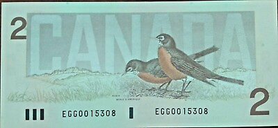 #ad 1986 2$ Canada Bird Series Two Dollars Low Serial 0015308 Gem Unciruculated $29.99