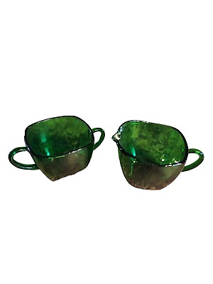 #ad Vintage Anchor Hocking Charm Firest Green Glass Cream and Sugar Set SKU I0253 $20.00