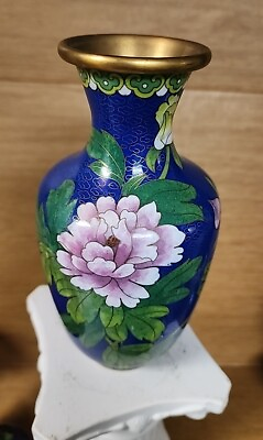 #ad Vintage Chinese Cloisonne Vase blue w Peony 7.25quot; $67.25