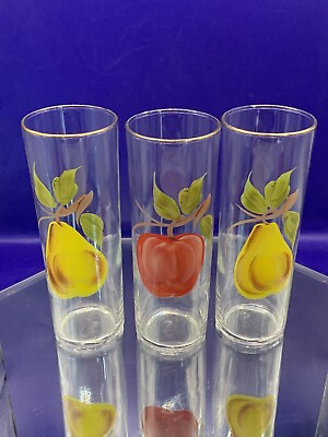 #ad 3 Federal Glass High Ball Tumblers W handpainted Pears amp; Apple 6.75quot; Tall $16.99
