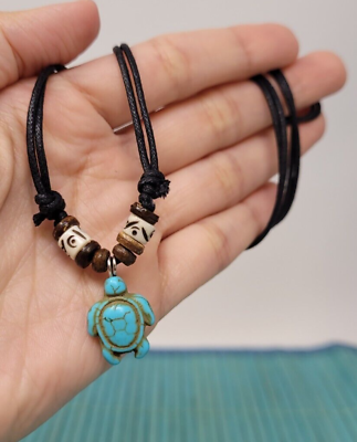 #ad Turquoise Blue Sea Turtle Charm with Black Cord Choker Necklace Turquoise Turtle $12.95