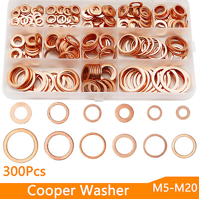 #ad 300 Copper Crush Washer Gasket Set Flat Ring Seal Assortment Kit For M5 M20 Kit $16.39