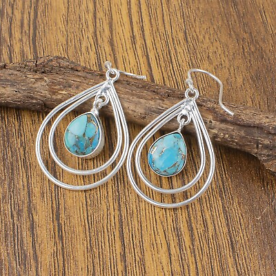 #ad Natural Blue Copper Turquoise Gemstone 925 Sterling Silver Earrings For Women $30.99