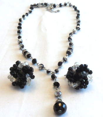 #ad Vtg Black amp; Silver Crystal Beaded Necklace amp; Cluster Clip Earrings $5.99