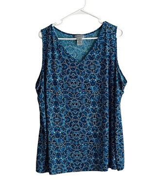 #ad Catherines Plus Size 2X 22 24W Blue Sleeveless Top Geometric V Neck Shirt $12.00