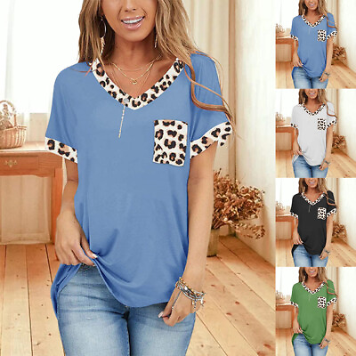 #ad Womens Leopard Print V Neck T Shirt Tops Casual Loose Tunic Blouse Pullover Tee $16.59