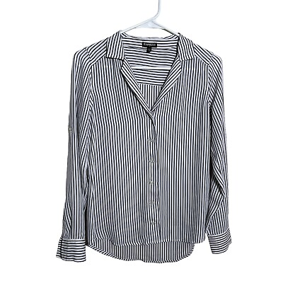 #ad Express Button Up Shirt Women#x27;s XS Black White Stripe V Neck Long Sleeve Top $6.02