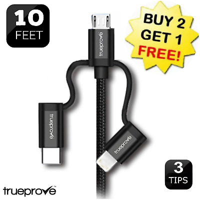 🆕10FT 3 in 1 USB Micro Type C Fast Charging Cable for iPhone Tablet Cord Charge $12.78