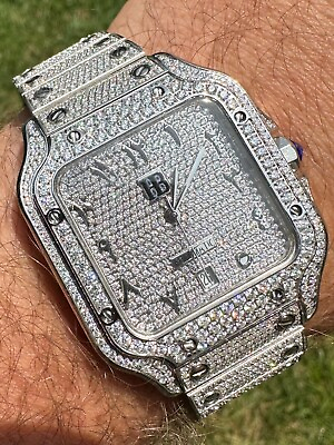 #ad Stainless Steel Mens Watch Iced Simulated Diamond Hip Hop Bust Down Arabic Dial $497.65