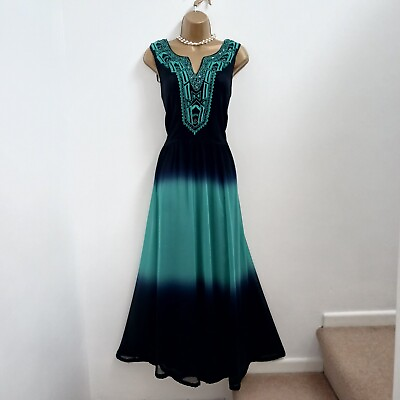 #ad Roman Black Green Embroidered Beaded Long Maxi Dress Layers Floaty Occasion 14 GBP 20.00