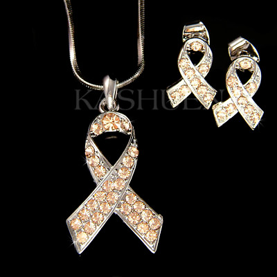 #ad Uterine Cancer made with Swarovski Crystal Awareness Ribbon Necklace Earring Set $86.00
