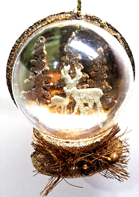#ad Gold Snow Globe Style 5 Inch Ornament Trees Deer Glitter Handmade $5.00