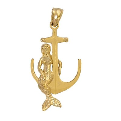 #ad 14k Yellow Gold Mermaid with Anchor Pendant Charm Made in USA $179.99
