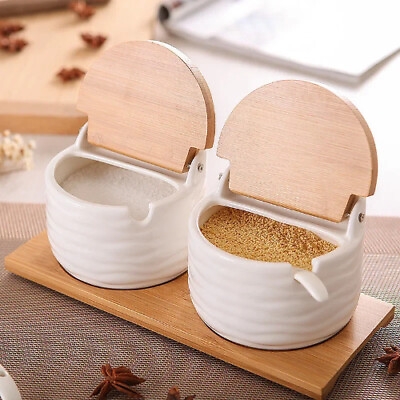 #ad Kitchen Spice Rack Ceramic Wooden Lid Bamboo Base Seasoning Porcelain Storage $74.16