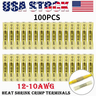 #ad 100PCS Yellow 12 10 AWG Heat Shrink Crimp Terminals Kit Wire Butt Connectors $15.95