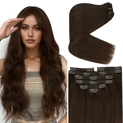 #ad Ve Sunny Clip in Hair Extensions Human Hair Chocolate Brown Clip on Hair Exte... $124.65