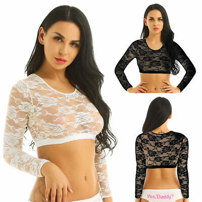 #ad Sexy Women Floral Lace Crop Tops See through Long Sleeve T shirt Half Tee Blouse $6.77
