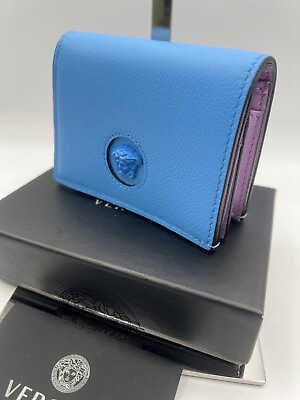 #ad NEW $525 VERSACE Blue Leather LA MEDUSA LOGO Bifold Small COMPACT WALLET NIB $355.00
