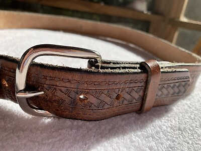#ad Genuine Leather Belt Mens SZ 40 Hand Tooled Bourbon Brown Western Silver Buckle $22.45