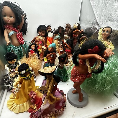 #ad Vintage Hawaiian Hula Girl Dolls Huge Lot Of 18 Dolls figures Retro Aloha $200.00