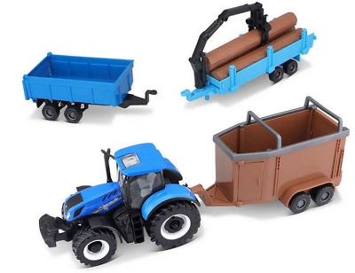 #ad BURAGO NEW HOLLAND WITH 3 TRAILERS 31668NH FARM PIG COW TOY MACHINE $36.54