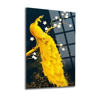 #ad Golden Peacock Tempered Glass Wall Art Easy Installation Fade Proof Wall Decor $149.00