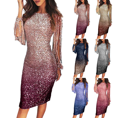 #ad Womens Gradient Colors Sequin Hollow Tassel Long Sleeves Party Dress Ball Gown $31.49