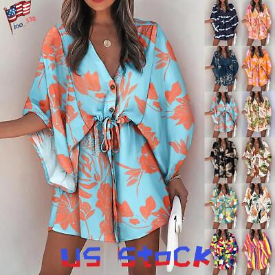 #ad Women Floral Print V Neck Wrap Dress Ladies Summer Holiday Lace Up Mini Sundress $18.48