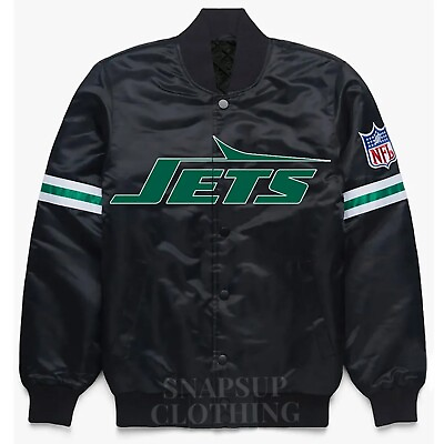 #ad NY Jets Black Satin Bomber Style Letterman Full snap Embroidered Varsity Jacket $99.00