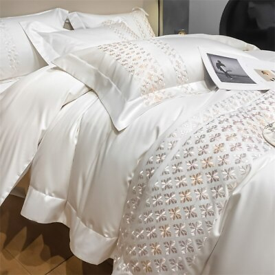 #ad Luxury Egyptian Cotton Bedding Set Embroidery Duvet Cover Bed Sheet Pillowcases $282.44