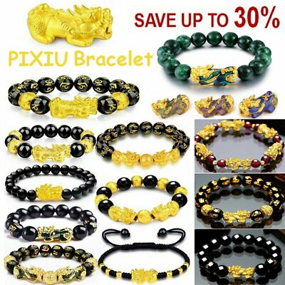 #ad Feng Shui Pixiu Bracelet Black Obsidian Buddhism Beads Attract Wealth Good Luck GBP 2.95