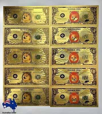 #ad 10 pcs WOW Gold Dogecoin shiba inu Gold Banknotes Dog Printing D Souvenir Cards AU $24.95