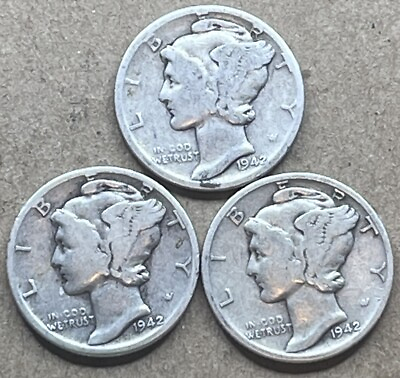 #ad Mercury Dime 1942 PDS 10¢ .9000 US Silver Coins 3 Mercury Dimes $12.00