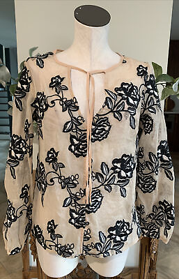 #ad Goldie Womens Small Beige Floral Embroider Semi Sheer Long Sleeve Tunic Top K1 $17.99