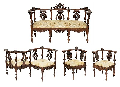 #ad Antique Parlor Set Italian Renaissance Revival Five Piece Walnut Carved 1800s $4499.00