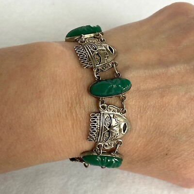 #ad VTG Sterling Silver 925 SCF Mexico Carved Green Onyx Mayan Face Panel Bracelet 7 $100.00
