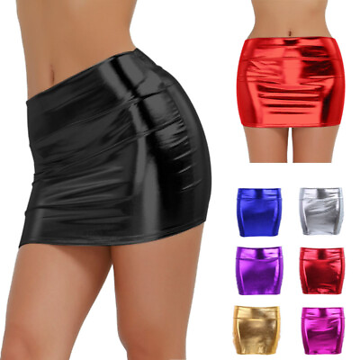 #ad US Women#x27;s Metallic Patent Leather Mini Dress Tight Skirts Bodycon Pencil Outfit $7.52
