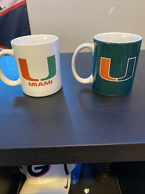 #ad Two University Of Miami Hurricanes Coffee Mug  The U Great Mugs Green and Orange $16.00