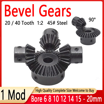#ad 1 Mod 20 40 Tooth 1:2 Metal Motor Bevel Gears 90° Pairing Gear 45# Steel Black $3.99
