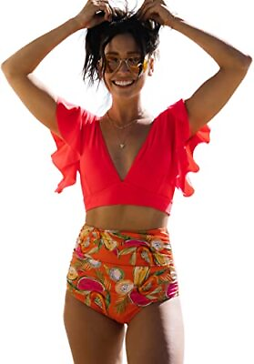 #ad SPORLIKE Women Ruffle High Waist Swimsuit Two Pieces Push Up Tropical Print $7.99