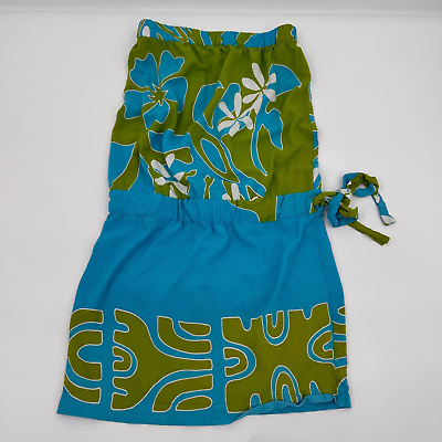 #ad Lauwae Hawaiian Dress Womens Small Strapless Retro Floral Blue Green Mini Rayon $39.93