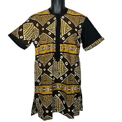 #ad Men African Yellow amp; Brown Tribal Print Top Shirt With Black Sleeve $60.00