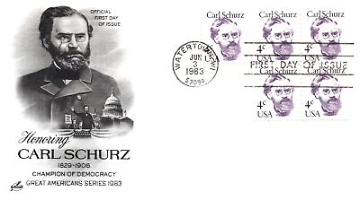 #ad US FIRST DAY COVER CARL SCHURZ GREAT AMERICANS SERIES OF 1983 BLOCK OF 4 amp; EXTRA $3.99