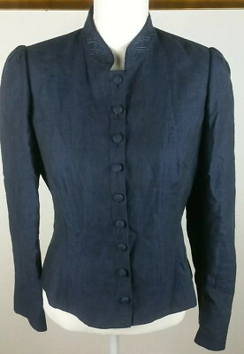 #ad Badgley Mischka Linen Jacket Blue Embroidery at Collar Size 8 $27.00