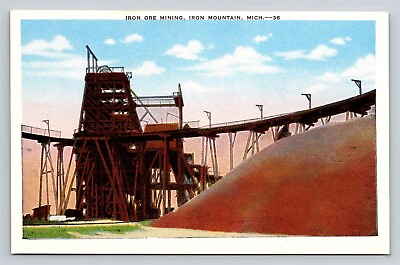 #ad Iron Mountain MI Iron Ore Mining Mine Linen Old Vtg Postcard View Unused $3.12